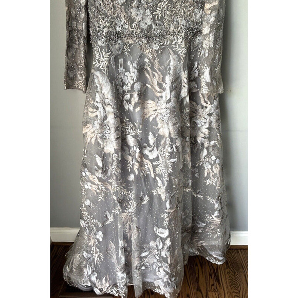 Mac Duggal 20214 Long Sleeve Bead Applique Gown Size 16 Grey Multi Floral NWT - Picture 5 of 16